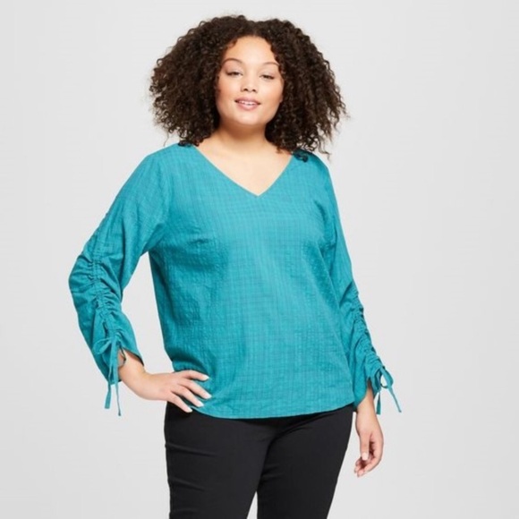 AVA + VIV Ruched Sleeve Turquoise Top - Picture 2 of 7